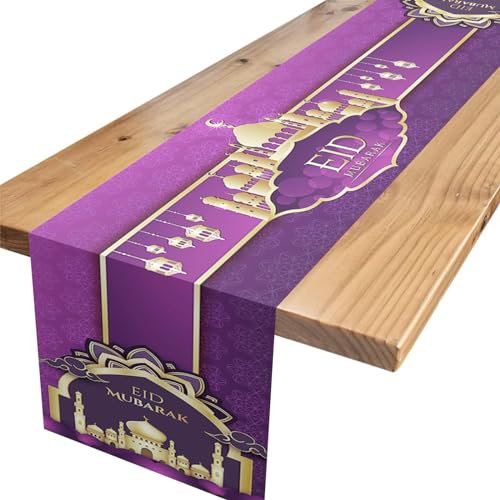 Eid Mubarak Tischläufer,Lila Moschee Tischläufer Tischdekoration Eid Mubarak Tischdeko für Muslim Islamisch Zuhause Esszimmer Party Dekoration 180 x 35cm