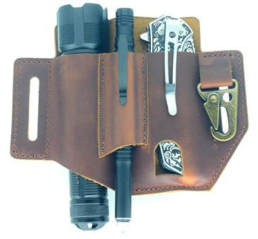 JJNUSA Genuine Leather Multitool Sheath Organizer, Leather EDC Belt Pouch for Men, Belt Holder with Multitool Pouch, Flashlight Holder, Pen Holder and Key Chain Clip, Knives Sheath Holster Brown