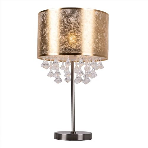 GLOBO Tischleuchte Lampe Kristallleuchte Leselampe Leuchte Schlafzimmer, Kristalldekor klar Lampenschirm Blattgold Nickel matt, 1x E27 Fassung, DxH 32x56 cm