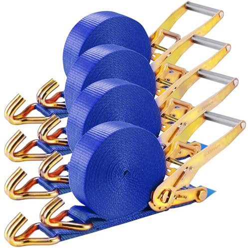 4 pezzi 5000kg Cinghia a cricchetto 9m, Cinghie di ancoraggio, 50 mm cinghia di tensione,Cinghie di serraggio con cricchetto e gancio,per il fissaggio professionale del carico di camion,Blu