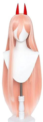 Generisch Kraja Set Wig + Red Antlers Cosplay from Chainsaw Man Halloween Party Pink/Orange (Power Chainsaw Man)