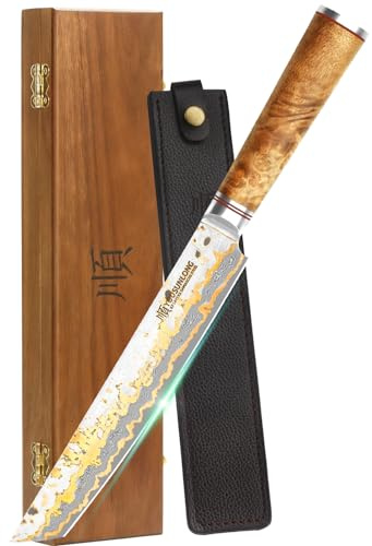 YOUSUNLONG Cuchillo Sashimi - Cuchillo Yanagiba Sujihiki 215mm - Rebanador Super Afilado - Hoja de acero de Damasco de cobre hecho a mano japonés - Naturel Burl Mango de madera con cuero