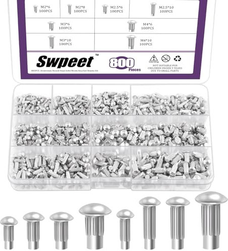 Swpeet 800 pezzi M2 M2.5 M3 M4 × 6 mm 8 mm 10 mm Solid Aluminium Brazier Head Rivetti Assortimento di rivetti semicircolari Solidi rivetti in alluminio per riparazione barca, aereo