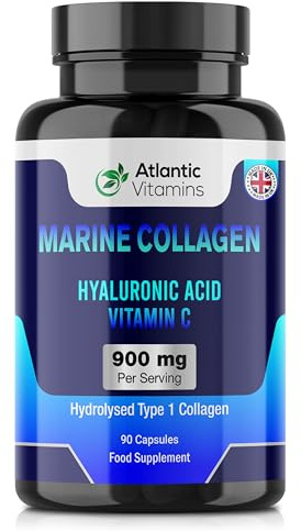 Marine Collagen 900 mg - High Strength 90 Capsules Collagen with Hyaluronic Acid and Vitamin C for Skin, Joints and Hair - Type 1 Hydrolysed Collagen Supplements for Women & Men - UK Made