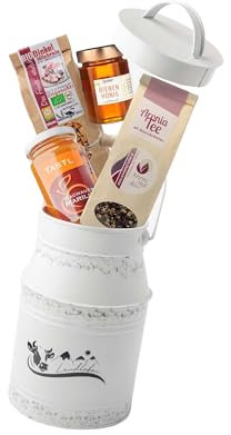 Österreichische Geschenkbox - Alpenglück Frühstücksmilchkanne mit Tee 5-tlg - österreichischen Spezialitäten Geschenkkorb - Präsentkorb - kulinarisches Geschenkset - inkl. Geschenkverpackung