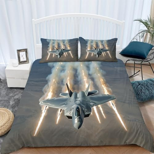 3D Bettbezug Jet überfliegt Wüste Thema Grau Bettbezug 135 x 200 cm + 2 Kissenbezug 80 x 80 cm Kinder Jugendliche Erwachsene Bettwäsche Deckung Set mit Reißverschluss Weich