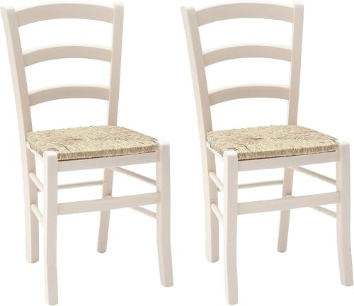 Lot de 2 chaises Venezia pour cuisine, bar, salle à manger, structure en bois de hêtre et assise en paille de riz (blanc ivoire, lot de 2 chaises)