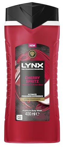 Lynx Fine Fragrance Collection Cherry Spritz Premium Body Wash Body Cleanser shower gel with a cherry, red apple & amber scent for 12 hours of freshness 400 ml