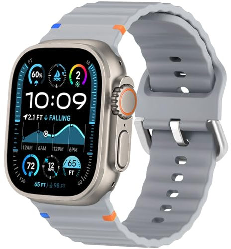 ALFARAY Sportarmband Kompatibel mit Apple Watch Ultra 1 2 Armband 49mm 46mm 45mm 44mm 42mm für Herren Damen, Ocean Silikon Armband für iWatch Series 10 9 8 7 SE 6 5 4 3 2 1 Ultra 2 1, Grau