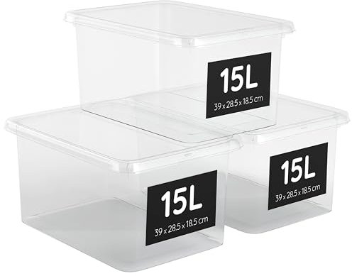 AHIOVA 3 Cajas Almacenaje Plastico 15L con Tapa, Cajas Organizadoras Apilables y 100% Transparentes. Caja Almacenamiento de Click a Presión. Libre de BPA 39x28,5x18,8cm (15 Litros)