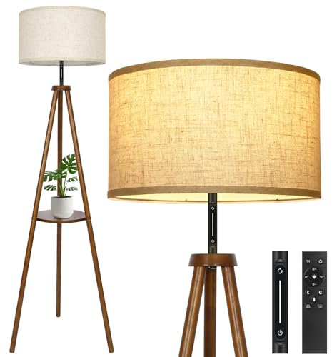 OUTON Stehlampe Holz Dreibein, Modern Dimmbar Stehlampe mit Fernbedienung & Touch-Steuerung, 4 Farbtemperaturen, 1H Timer, Stehleuchte mit Regal & Leinen-Lampenschirm für Schlafzimmer, Wohnzimmer,Büro
