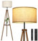 OUTON Stehlampe Holz Dreibein, Modern Dimmbar Stehlampe mit Fernbedienung & Touch-Steuerung, 4 Farbtemperaturen, 1H Timer, Stehleuchte mit Regal & Leinen-Lampenschirm für Schlafzimmer, Wohnzimmer,Büro