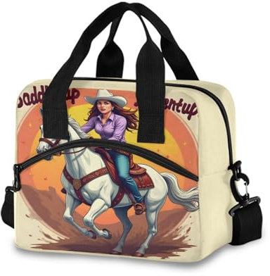 Reusable Lunch Box for Men/Women Cowgirl on Horseback Insulated Tote Bag Leakproof Lunchbox with Pocket for Work Office Picnic Beach Freezable Lunch Cooler Bag with Adjustable Shoulder Strap