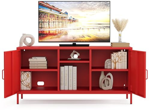 furni24 Metall TV-Schrank – Retro TV Lowboard – Möbel mit Türen und verstellbaren Ablagen – Leicht zu reinigen – Robuste und stilvolle Aufbewahrungslösung für das Wohnzimmer- mit 3 Regalen, Rot