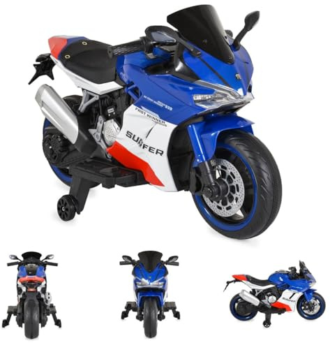 Moni Kinder Elektromotorrad Surfer Stützräder Fußstütze Bluetooth MP3-Ausgang blau