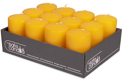 DecoLite Stumpenkerzen 10 x 6 cm, 36h Brenndauer, 12 Stück, Gelb | Made in Germany, RAL-geprüft, Safe Candle selbstverlöschend, tropf- & rußfrei, ohne Duft, für Gastronomie & Tischdeko
