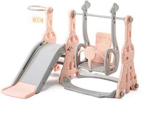Rutsche für den Innenbereich für Kinder mit Schaukel und Basketballrahmen, Rutsche für Kleinkinder, Schaukel, Rutsche, Spielluft, Kinder, Innenrutsche freistehend (Rosa)
