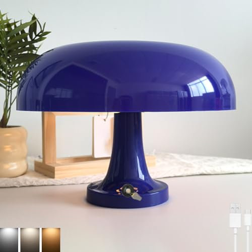 LOGT Pilz Tischlampe Kabellos Deko, LED Akku Tischlampe mit Touch Dimmbare Blaue Pilzlampe USB Aufladbar Batteriebetrieben Schreibtischlampe 3 Farben Einstellbar Nachttischlampe Mushroom Leselampe