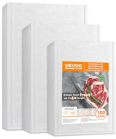 Wevac Core Premium Vakuumbeutel Mixed-Größen, 100 Stück (15×20 cm, 20×30 cm, 28×40 cm), Vakuumierbeutel für alle Vakuumierer, mit 5 Anti-Piek-Scheiben, flexibel, BPA-frei