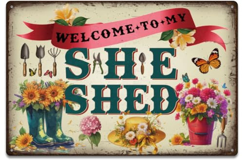 SUPERDANT Gartenwerkzeug Blechschild Blumen Blechschilder Retro Willkommen in Meinem She Shed Blechschilder Lustiges Vintage Metallschilder Für Gartenhaus Wohnzimmer Deko Geschenk Für Gartenliebhaber