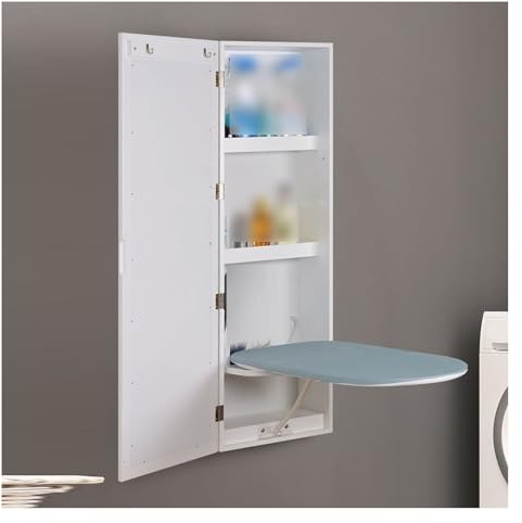 Wall Mounted Ironing Board Cabinet with Folding Hidden Design, Mirror, and 3-Layer Storage for Home and Apartment Use
