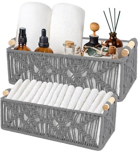 2 Stück Makramee Aufbewahrungskörbe, Boho Geflochten Aufbewahrungskorb Grau, Handgemachte Deko Körbe Regalkörbe mit Holzgriff, Korb Badezimmer Aufbewahrung für Schlafzimmer Kinderzimmer Schrank