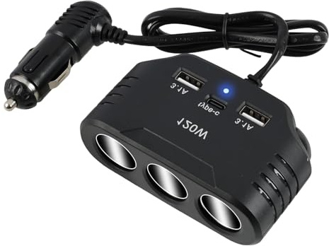 Distribuidor USB de 12 V 120 W para coche, cargador de coche, 3 enchufes para encendedor de cigarrillos, 3 USB tipo C, carga rápida, indicador LED, función de seguridad, calefacción del asiento del
