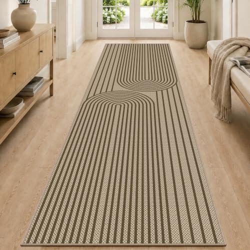 VSIWB Teppich Läufer Flur 80x300cm, Jute Aussehen Küchenteppich, Waschbarer Teppich Flur, rutschfest Küchenläufer, Braun Outdoor Teppich für Küche, Wohnzimmer, Schlafzimmer, Diele, Eingang, Balkon
