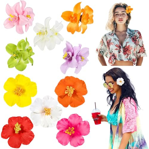 Fermagli per Capelli con Fiore Hawaiano,10 Pezzi Pinze per Capelli Fiori Clip Artiglio da Donna Antiscivolo per Capelli fermagli per fiori artificiali per vacanze, feste in spiaggia, piscina (B)