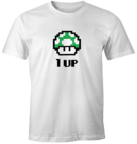 MoonWorks Herren T-Shirt Geburtstag Retro Pixel-Pilz 1-Up-Pilz Level-Up Gaming Konsole 90er Fun-Shirt Weiss XXL