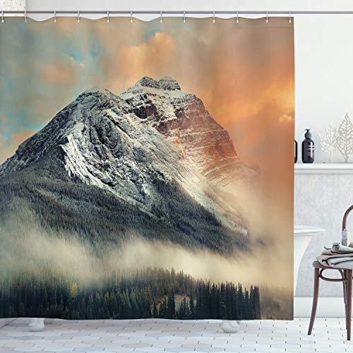 ABAKUHAUS Berge Duschvorhang, Snowy Peak Mountain, Stoffliches Gewebe Badezimmerdekorationsset mit Haken, 175 x 200 cm, Orange Grau
