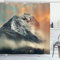 ABAKUHAUS Berge Duschvorhang, Snowy Peak Mountain, Stoffliches Gewebe Badezimmerdekorationsset mit Haken, 175 x 200 cm, Orange Grau