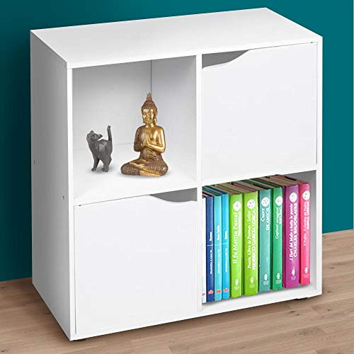 BAKAJI Meuble de bibliothèque Basse Design Cube Moderne, Meuble étagère avec 4 étagères et 2 Portes, Dimensions 60 x 29 cm, décoration Maison, Salon (Blanc)