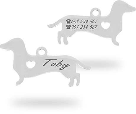 Chapa para Perro y Gato Personalizada - Ideal para Grabar su Nombre y tu Contacto - Placa Identificativa Hecha de Acero Inoxidable - Forma de Dackel - Regalos Market