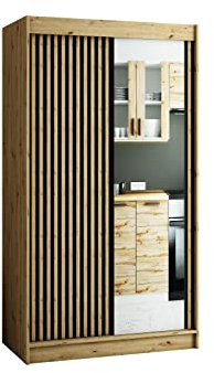 MEBLE KRYSPOL Schwebetürenschrank LAMELO 2 mit Zierstreifen und Spiegel, Kleiderschrank mit 2 Kleiderstange, Modern Design (120 cm)
