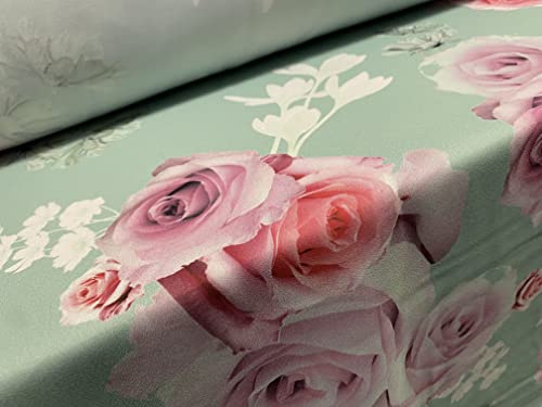 Chloe Crepe gewebter Blusenkleiderstoff, Meterware, Rosenblüten-Druck, Mintgrün und Rosa