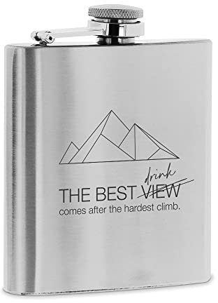 stempel-fabrik – gravierter kleiner Flachmann aus Edelstahl – the best view - Taschenflasche zum Wandern, Klettern, Camping, Ausflüge und Co – Geschenkidee mit Bergmotiv (9,3 x 11,2 x 2 cm)