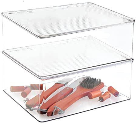 mDesign Aufbewahrungsbox für die Küche – stapelbarer Vorratsbehälter für Tee, Kaffee und Snacks – Kühlschrank Organizer mit Klappdeckel für Lebensmittel – 2er-Set – durchsichtig