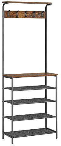 VASAGLE Garderobenständer, Kleiderständer, Garderobe mit 5 Doppelhaken, Schuhregal mit 5 Ebenen, eine Ablage oben, für Wohnungen, Schlafzimmer, Flur, Industrie-Design, vintagebraun-schwarz HSR412B01