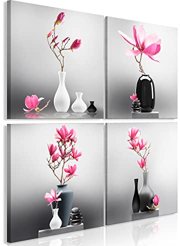 B&D XXL - Wandbilder Blumen Magnolien 60x60 cm 4 Teilig je 30x30 Vlies Leinwandbild Kunstdruck modern Wanbilder XXL Wanddekoration Design Wand Bild - Natur Feng Shui Zen p-C-10007-b-a