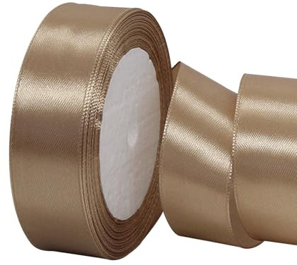 Ruban Satin 25mm, 23 mètres Champagne Léger Rubans de Tissu pour Emballage des Cadeaux pour Fête Noël Halloween, Artisanat, Bouquets, Projets de Couture, Anniversaire et Mariage Gâteau Décoration