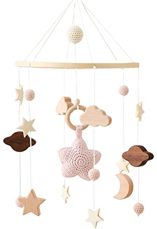 GLITZFAS Babybett Mobile Baby Windspiel, Mobile Baby Holz mit Filzbällen und Wolken Ornament Kinderzimmer Hängende Bettglocke Geschenk für Baby Mädchen oder Jungen, Rassel Spielzeug (Rosa)