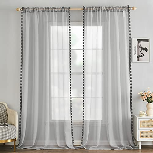 MIULEE Gardinen mit Pompons-Hübsche Grau Transparent Gardinen für Kinderzimmer Mädchen, 2 Stücke Vorhang mit Pompons mit Stangendurchzug Durchsichtig Vorhang mit Bommeln, Jeder H 225 X B 140cm
