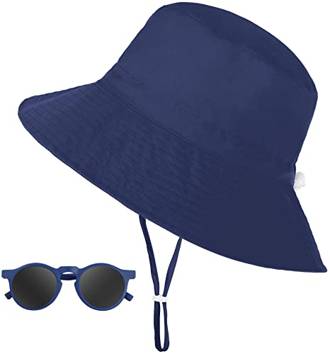 Sonnenhut Kinder, UV-Schutz Breiter Krempe Sonnenschutz Fischerhut Baby mit Sonnenbrille, Atmungsaktiv Sommer Bucket Hat mit Verstellbarem Kinnriemen, Strandhut für Junge - Blau, 2-6 Jahre