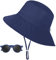 Sonnenhut Kinder, UV-Schutz Breiter Krempe Sonnenschutz Fischerhut Baby mit Sonnenbrille, Atmungsaktiv Sommer Bucket Hat mit Verstellbarem Kinnriemen, Strandhut für Junge - Blau, 2-6 Jahre