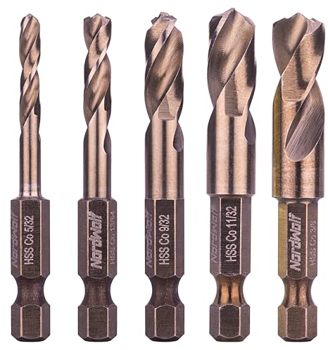 NordWolf 5-Piece M35 Cobalt Stubby Drill Bit Set for Stainless Steel & Hard Metals, with 1/4 Hex Shank for Quick Chucks & Impact Drivers, SAE Sizes 5/32-13/64-9/32-11/32-3/8 in Storage Case