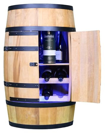 CREATIVE COOPER Weinregal Holz mit Tür mit LED RGB - Weinliegen und Regal - Alkoholschrank Flaschenregal - Holzfass - Fassmöbel - Weinfass - Weinbar - Fass bar mit Tür - 80 cm Eiche