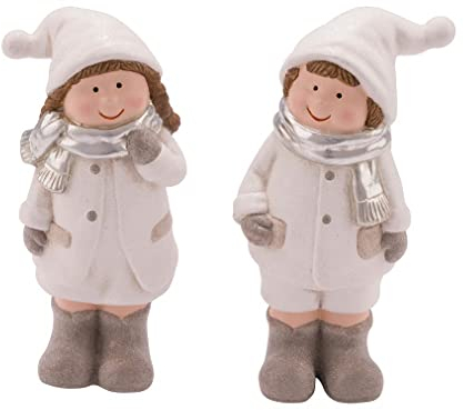 Miss Lovely Hochwertige Deko-Figuren 2er Set Winter-Kinder Mädchen & Junge Weihnachts-Dekoration weiß Silber Taupe & grau mit Glitzer Weihnachten Weihnachtsschmuck Advent Winter Geschenk-Idee