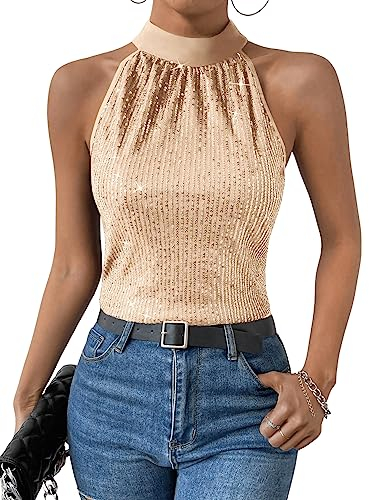 GORGLITTER Neckholder Top Damen Bluse Glitzer Party Oberteil Pailletten Ärmellos Tops mit Stehkragen Champagnerfarben L