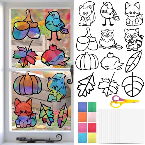 Lets Joy 12 Stück Herbst Basteln Kinder, Herbst Erntedankfest Basteln set, Herbst-Sonnenfänger Dekorationen, Herbst Blatt Aufkleber, DIY Thanksgiving Kürbis Herbstzeit Dekorationsset